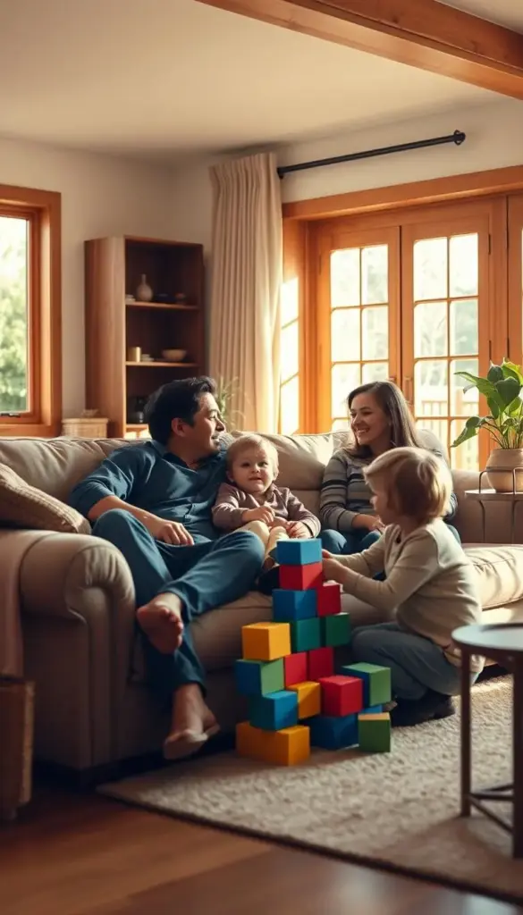 A warm, sun-dappled living room with a family of four - parents and two young children - relaxing together on a plush couch. The parents are engaged in an attentive, affectionate conversation, their bodies angled towards each other. The children are playing quietly nearby, immersed in building a colorful block tower. The room is cozy and inviting, with soft lighting, natural wood accents, and a sense of unhurried tranquility. The overall mood is one of togetherness, comfort, and quality time shared. A pristine 35mm film-like aesthetic, with a shallow depth of field and gentle film grain, lends a timeless, nostalgic quality to the scene.