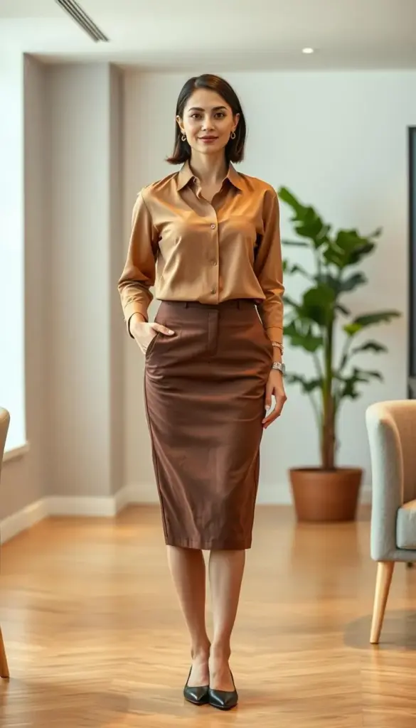A well-dressed professional woman stands confidently in a stylish yet modest workwear ensemble. The scene is set in a modern office, with a tasteful minimalist decor and soft, diffused lighting. The woman wears a tailored knee-length skirt in a rich, muted tone, paired with a crisp button-down blouse in a complementary hue. Her hair is neatly styled, and she accessorizes with subtle, elegant jewelry. The overall look is polished and sophisticated, projecting an air of competence and poise. The composition places the woman as the central focus, with the background elements subtly framing and accentuating her presence.