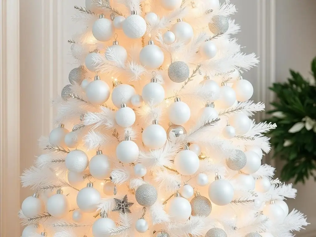 All-white Christmas tree with white ornaments, lights, and decorations