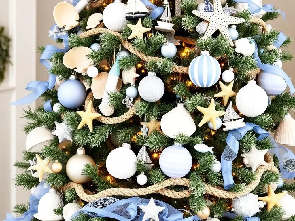 Beach-themed Christmas tree with blue, white and sandy ornaments