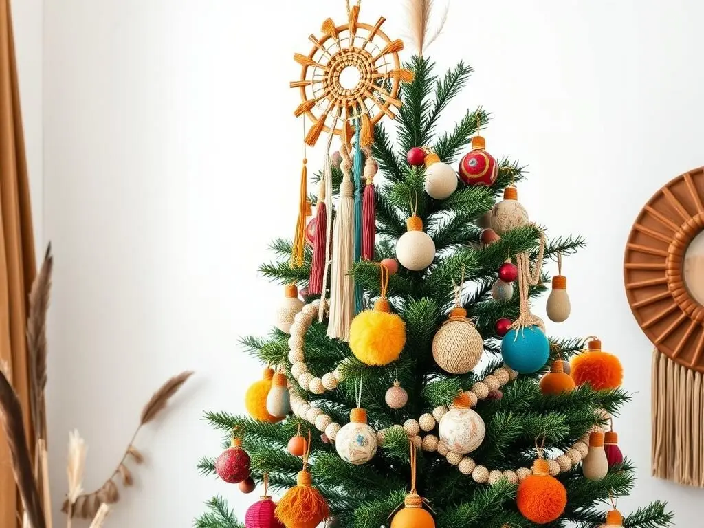 Bohemian-style Christmas tree with macramé, tassels and global-inspired ornaments