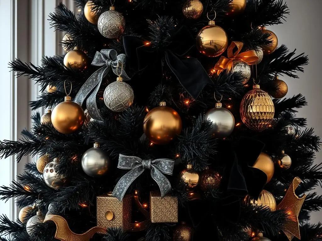 Bold black Christmas tree with gold and dramatic decorations