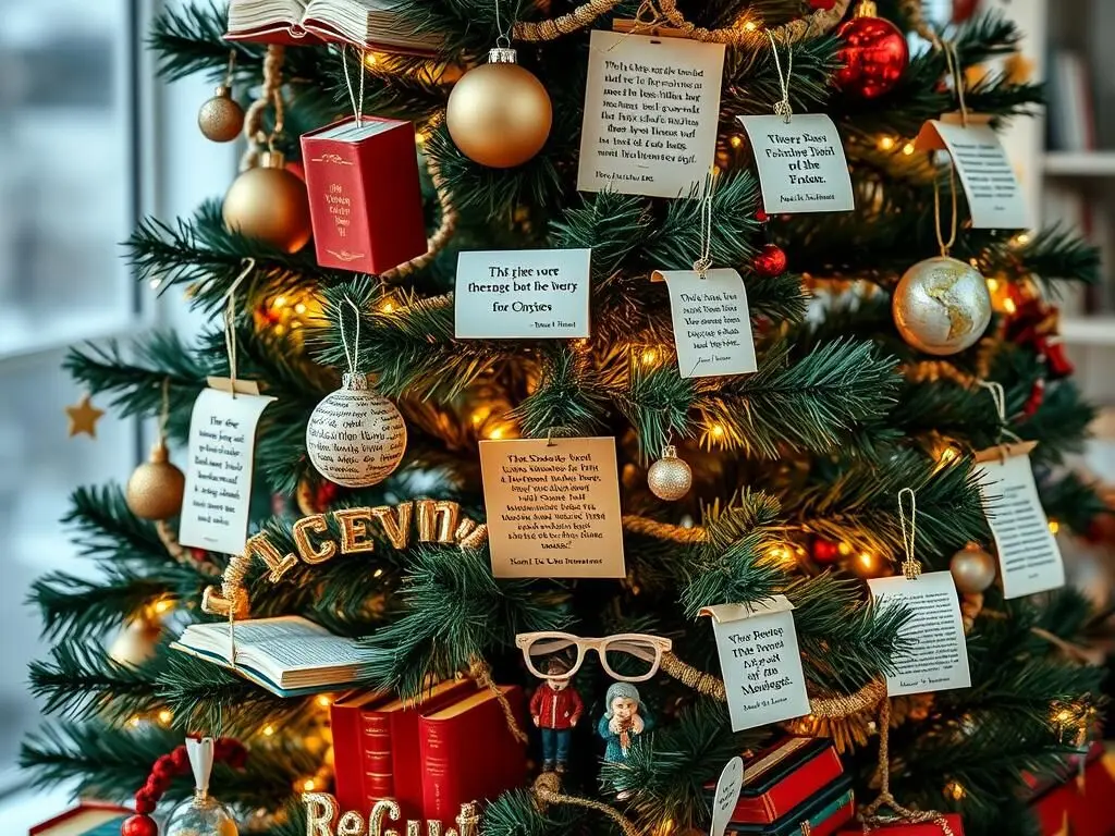 Christmas tree decorated with book-themed ornaments, miniature books, and literary elements