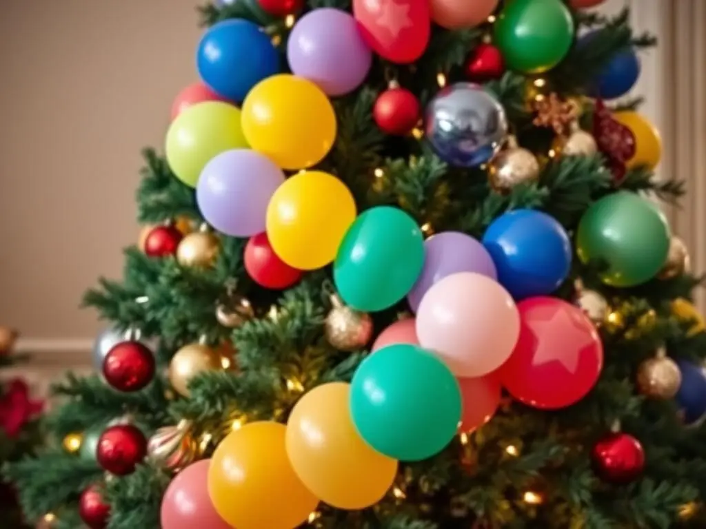 Christmas tree decorated with colorful balloon garland and festive ornaments