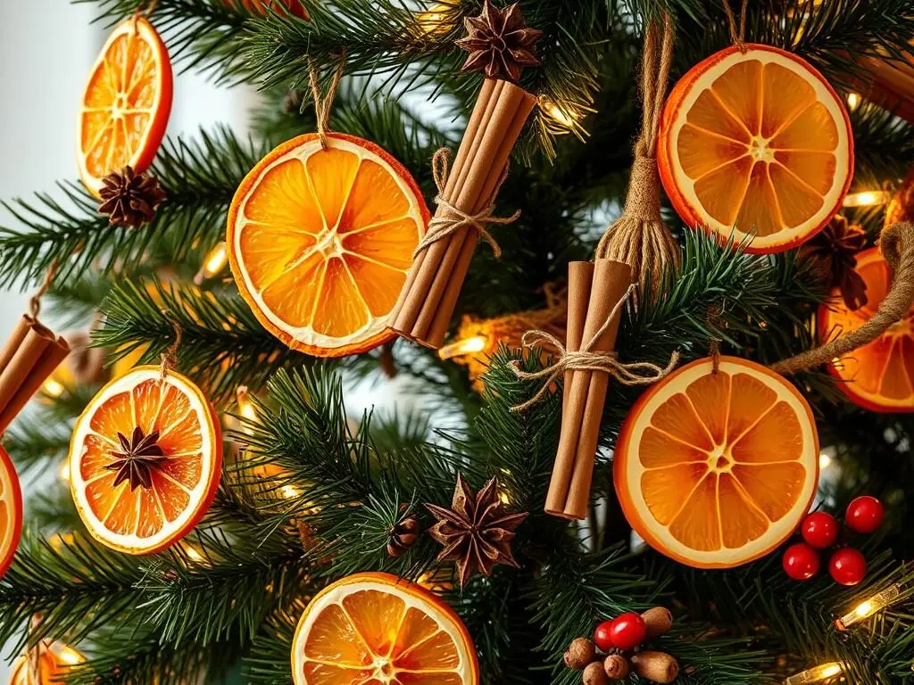 Christmas tree decorated with dried citrus slices, cinnamon sticks, and natural elements