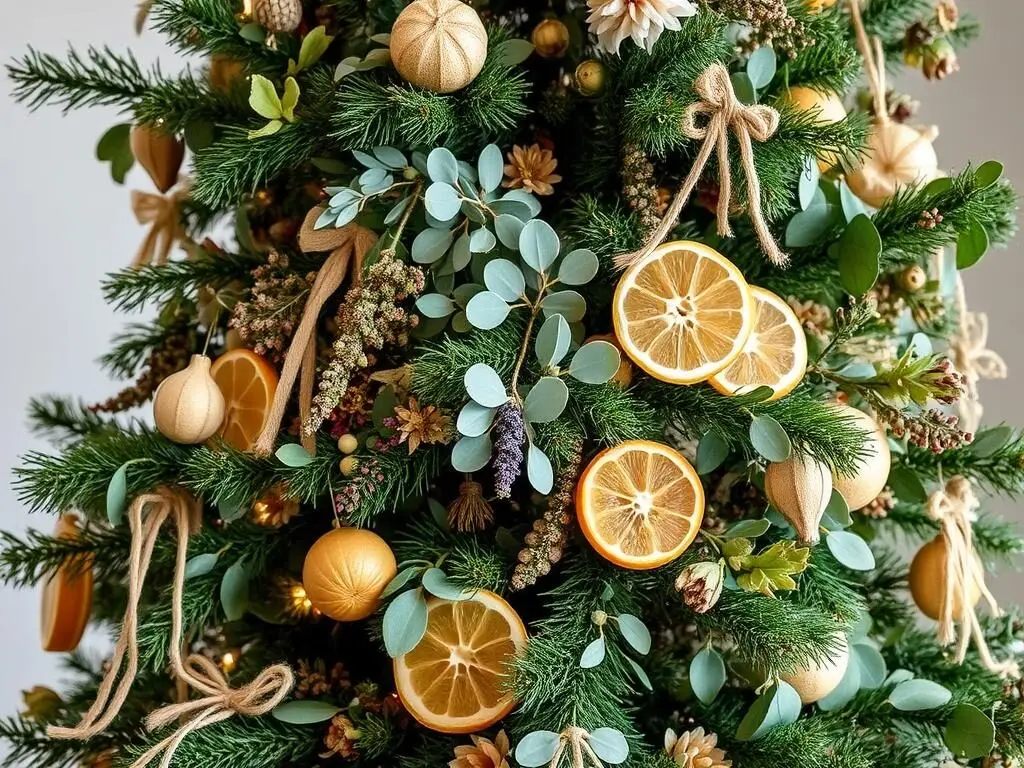 Christmas tree decorated with dried flowers, herbs, and botanical elements