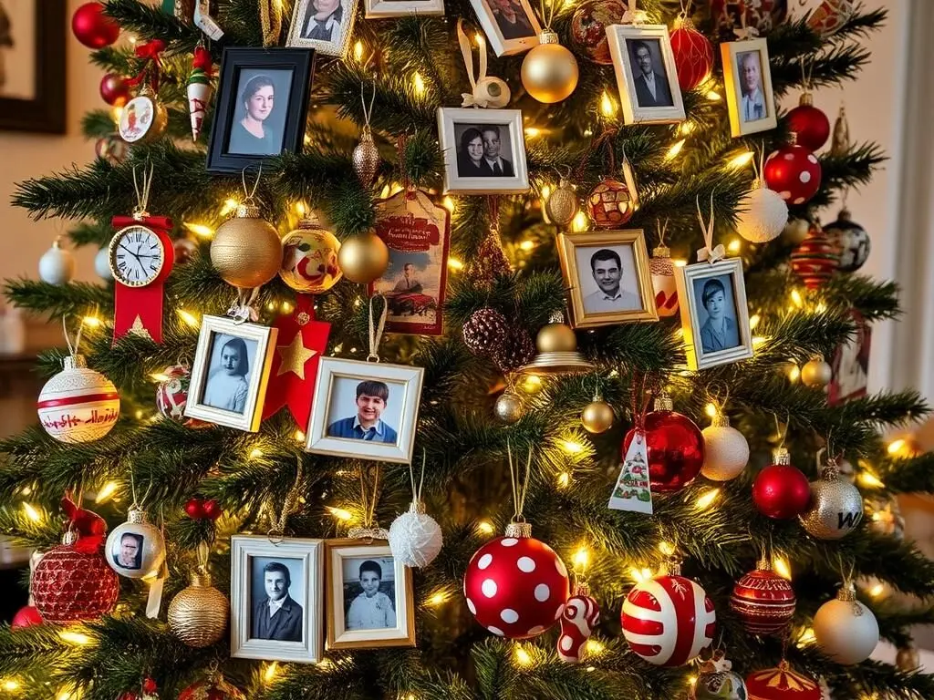 Christmas tree decorated with family photos, heirloom ornaments and personal mementos