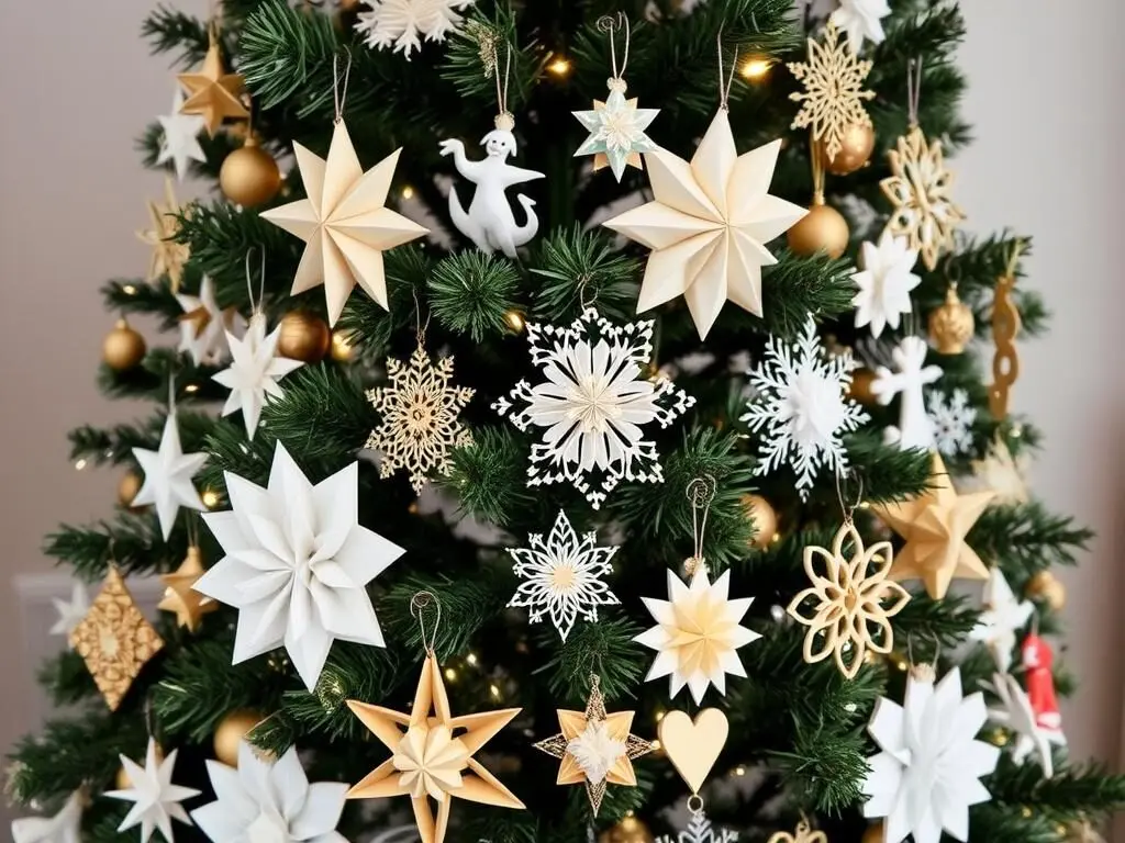 Christmas tree decorated with handmade paper ornaments and origami decorations