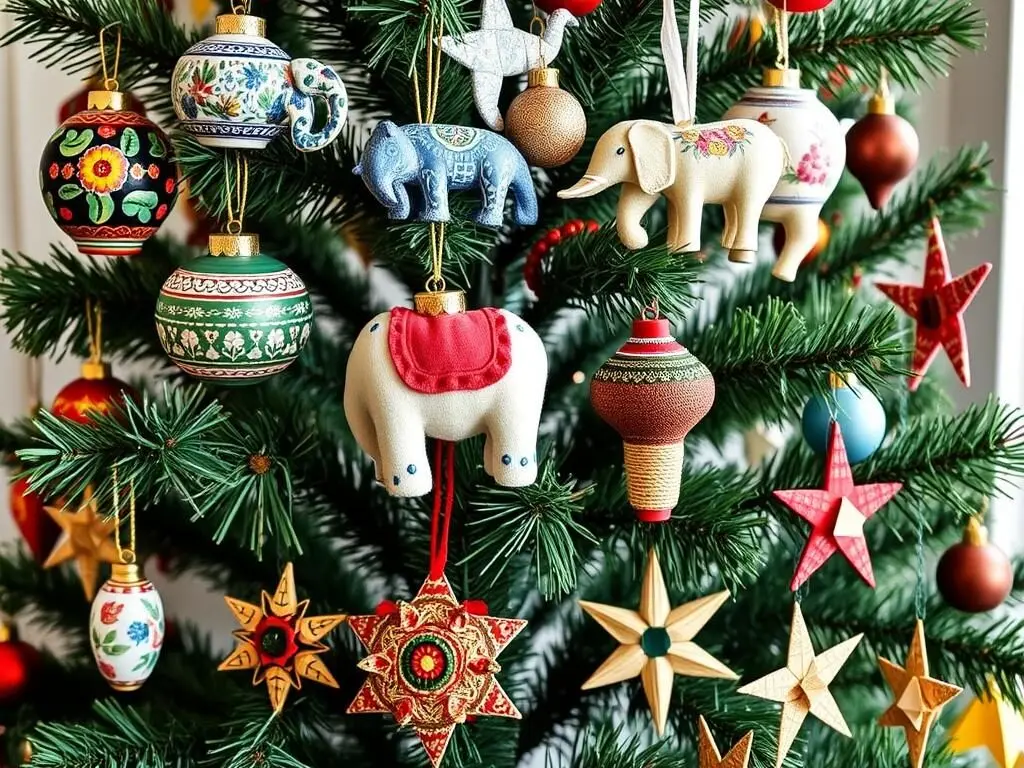 Christmas tree decorated with ornaments from different cultures around the world
