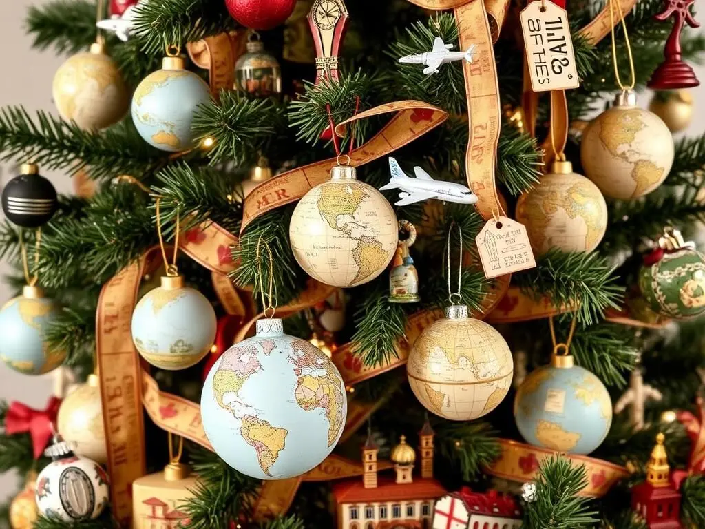 Christmas tree decorated with travel souvenirs, miniature landmarks, and map ornaments
