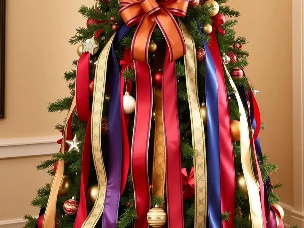 Christmas tree with dramatic vertical ribbons cascading from top to bottom