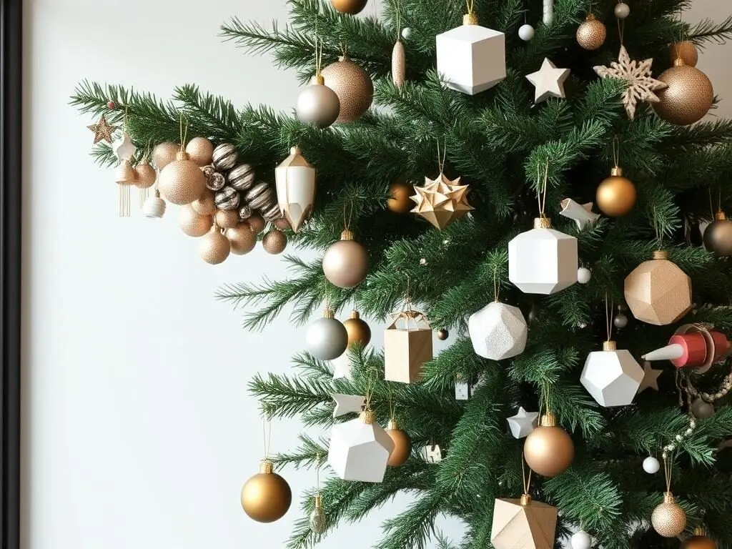Contemporary Christmas tree with intentionally asymmetrical decorations