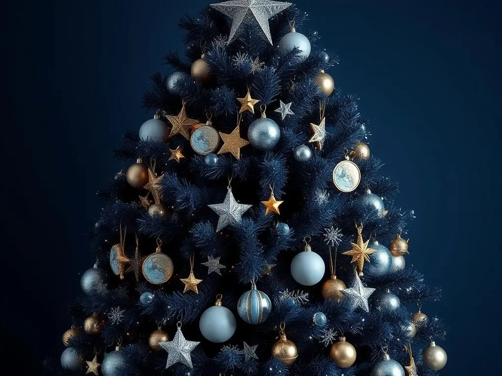 Dark blue Christmas tree with celestial-themed ornaments and star decorations