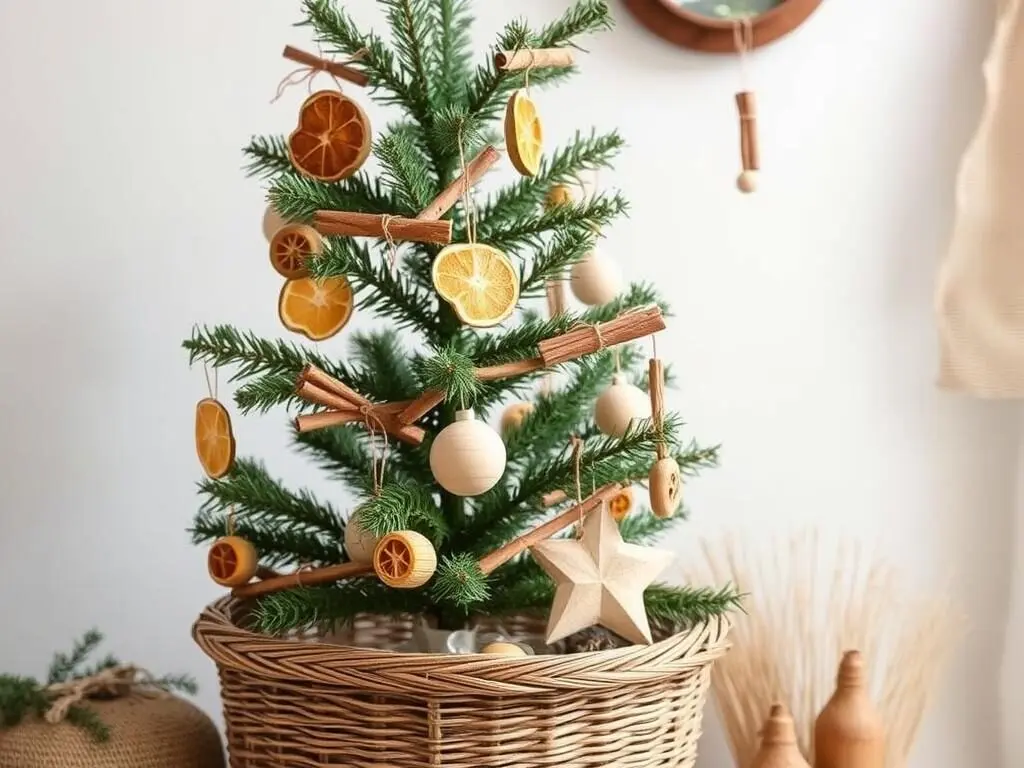Eco-friendly Christmas tree with sustainable decorations and natural elements