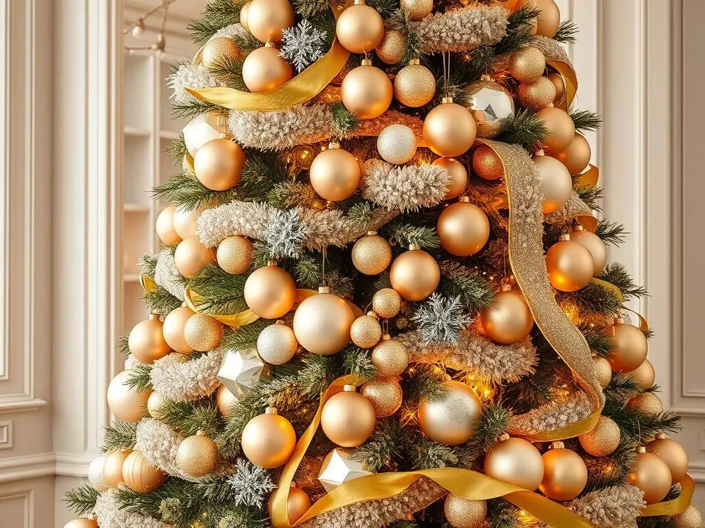 Elegant monochromatic Christmas tree in shades of champagne and gold