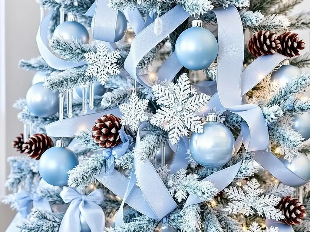 Frosty Christmas tree with ice blue, silver, and crystal decorations