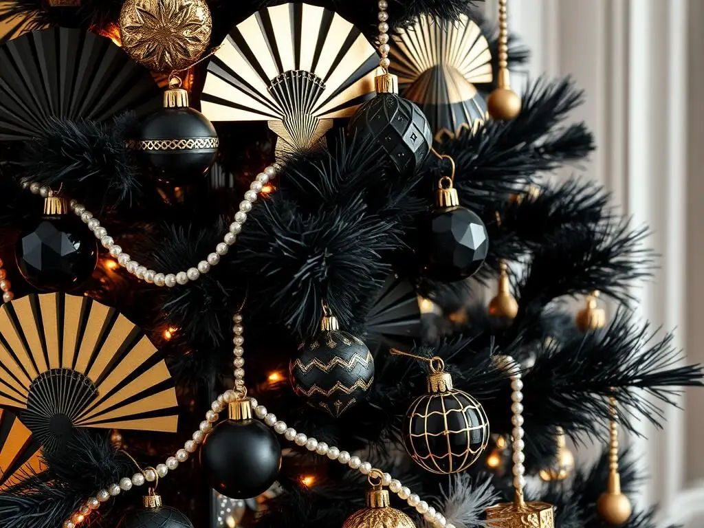 Glamorous Art Deco-inspired Christmas tree with geometric patterns and gold accents