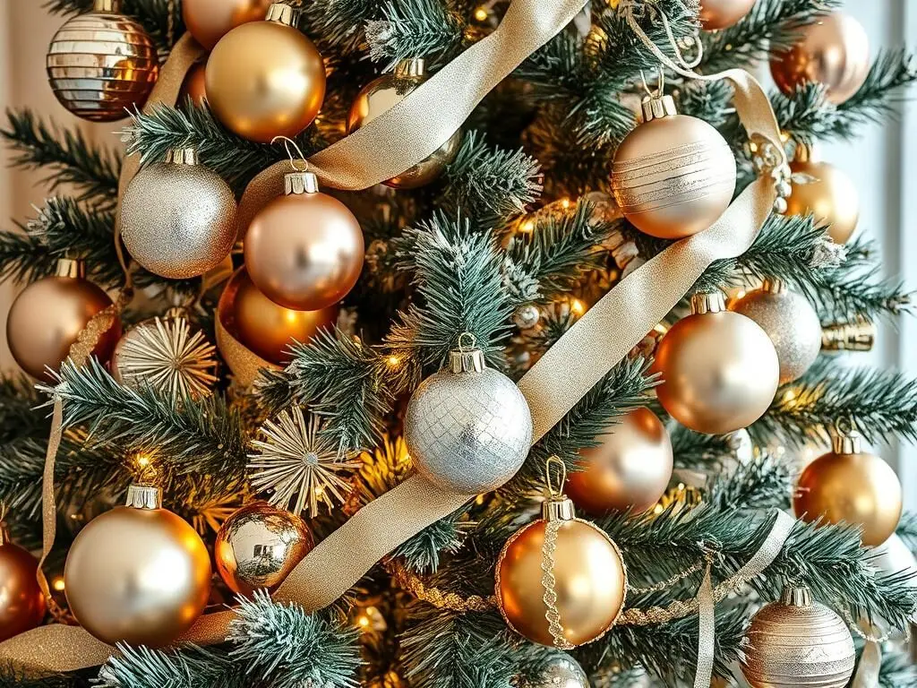 Luxurious Christmas tree with mixed gold, silver, and copper ornaments