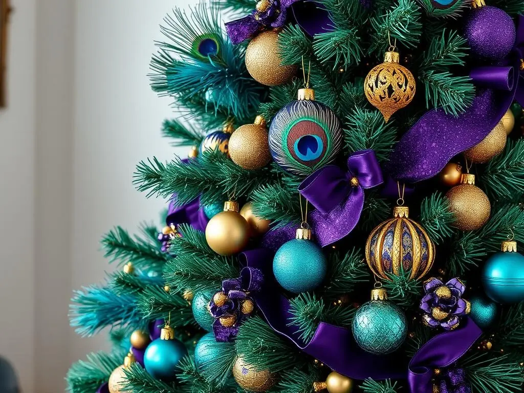 Luxurious Christmas tree with peacock colors of teal, purple, and gold