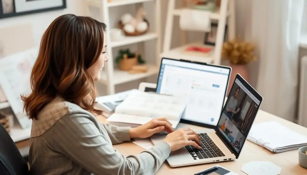 Mom coordinating virtual event on laptop with planning materials nearby