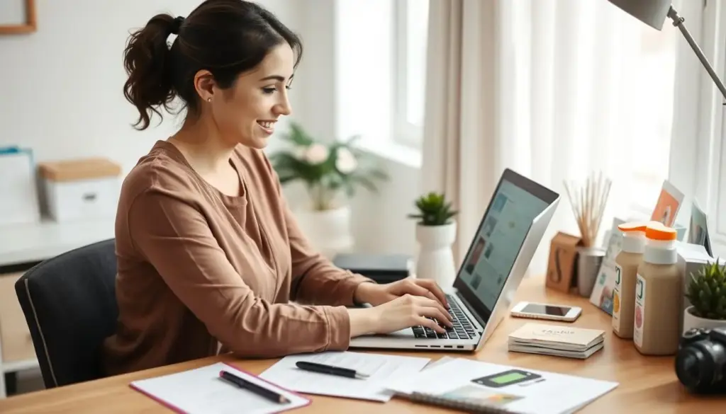 Mom creating affiliate content on laptop with product samples nearby
