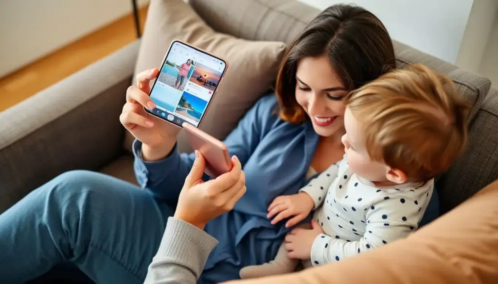 Mom creating social media content on phone while sitting with child