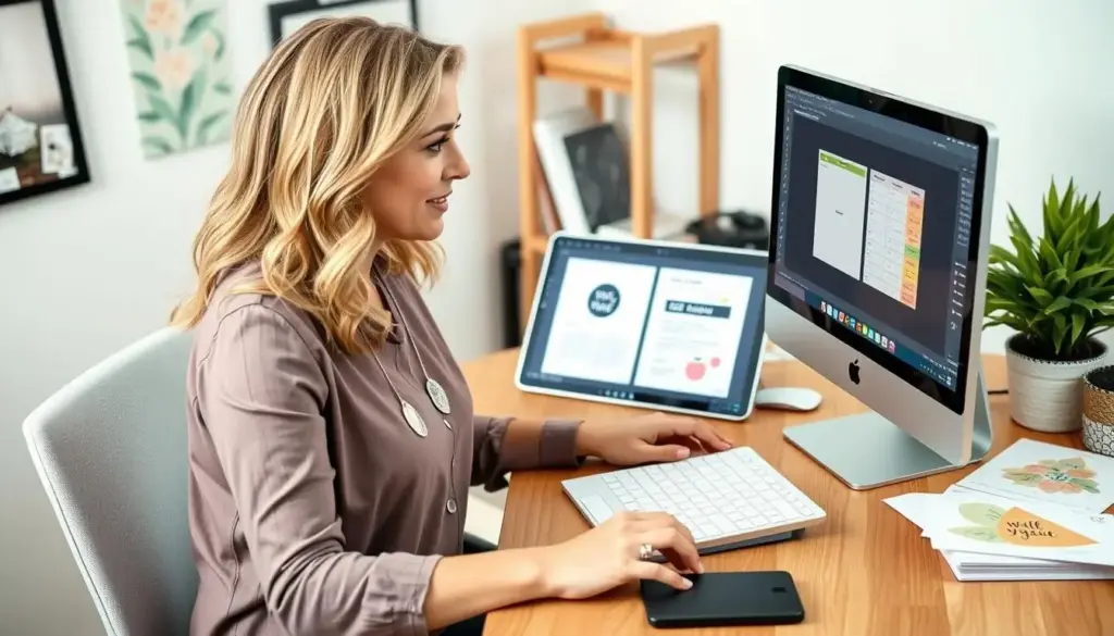 Mom designing digital printables on computer with printed examples nearby