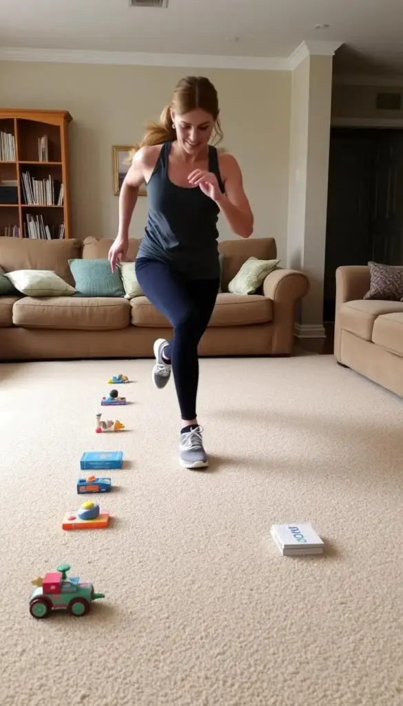 Mom doing agility drills using household items as markers