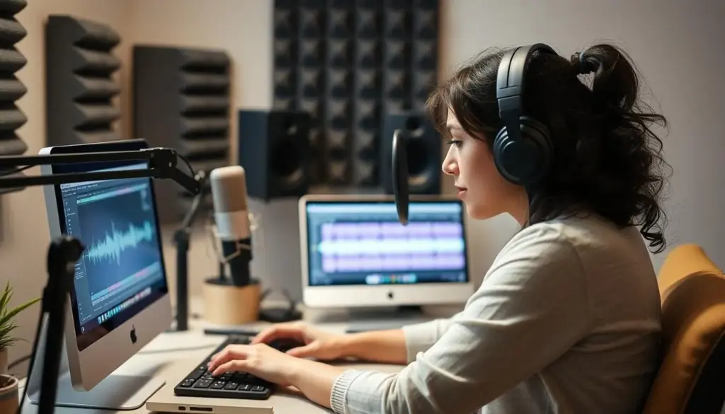 Mom editing podcast audio on computer with headphones