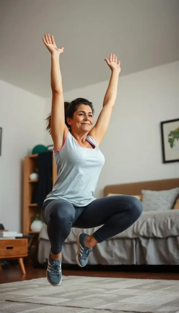 Mom performing squat jumps during a Tabata workout