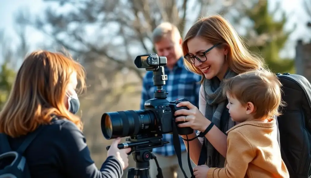 Mom photographer taking family photos outdoors with camera