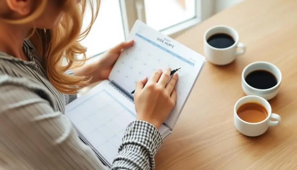 Mom planning her side hustle schedule in planner with coffee