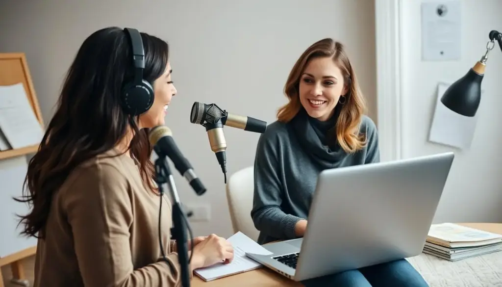 Mom recording online course content with professional microphone setup