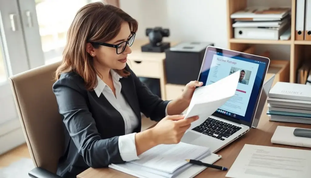Mom reviewing resume documents at desk with laptop