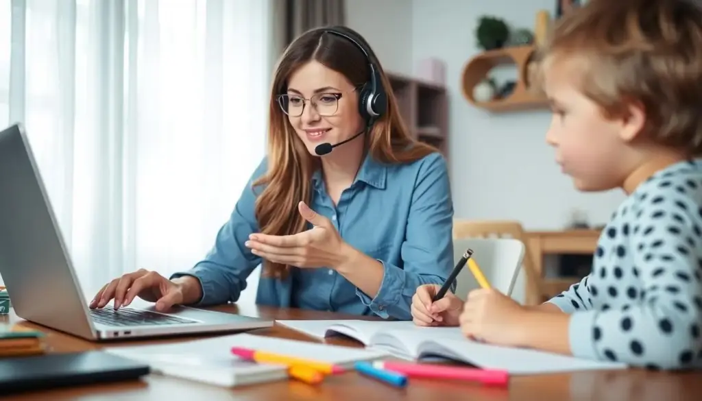 Mom teaching online with headset while child draws at the same table