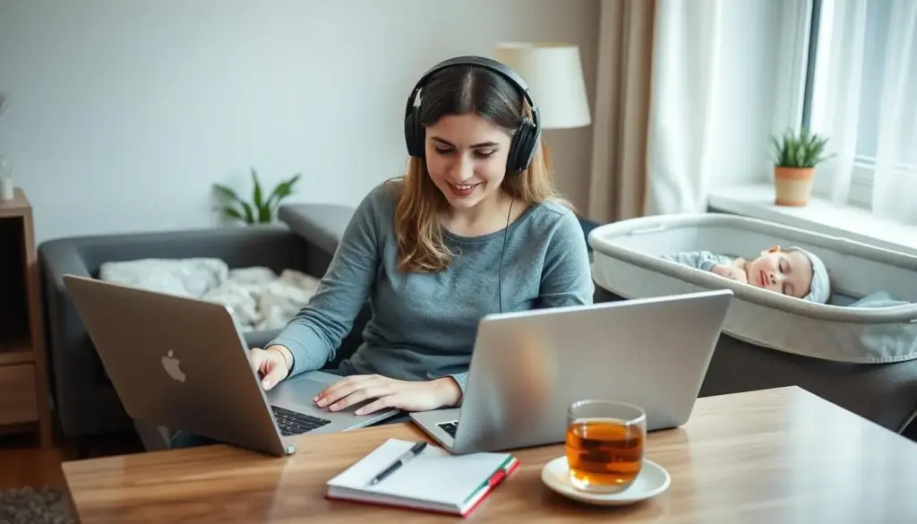Mom transcribing audio with headphones while baby sleeps nearby