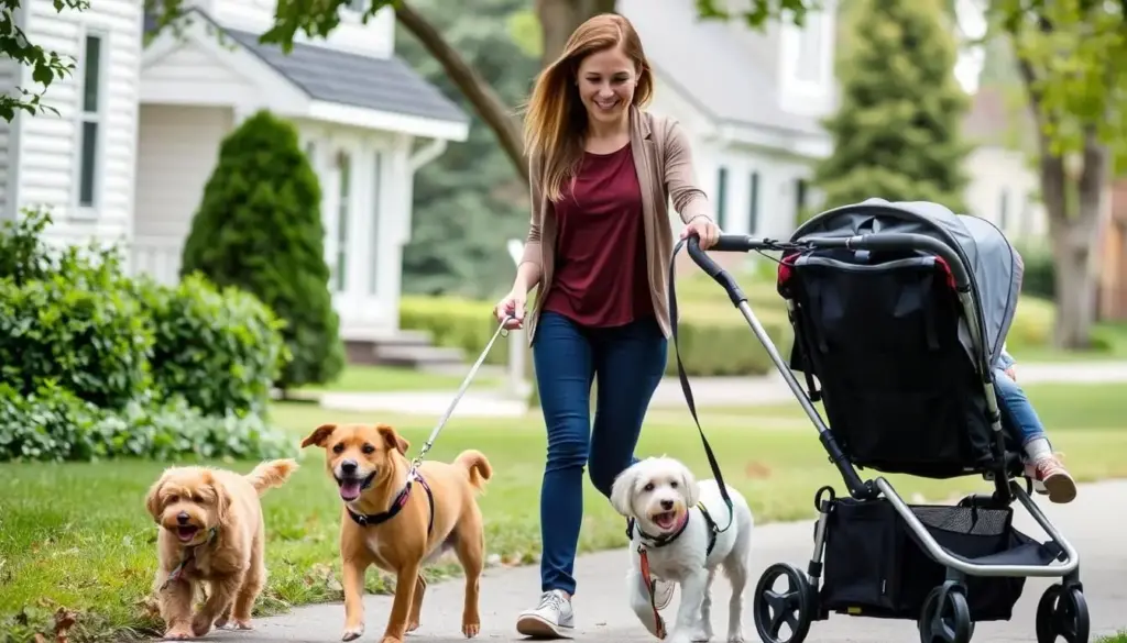 Mom walking dogs with child in stroller