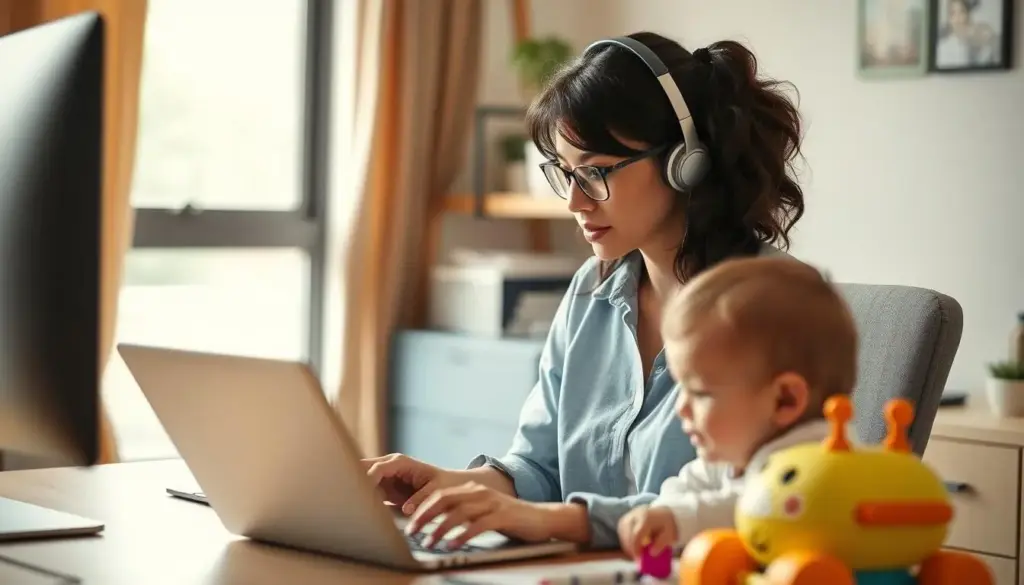 Mom working as a virtual assistant on laptop while her child plays nearby