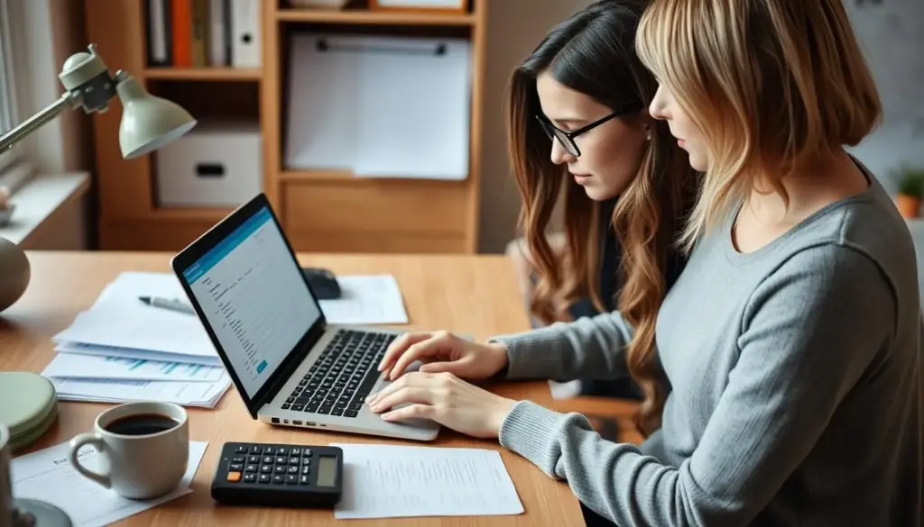 Mom working on bookkeeping software on laptop with organized desk