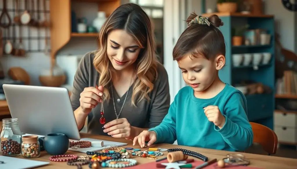 Mother crafting handmade jewelry while her child helps with simple tasks