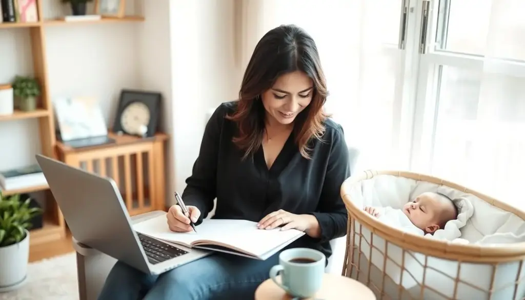 Mother writing on laptop with notebook beside her while baby sleeps nearby