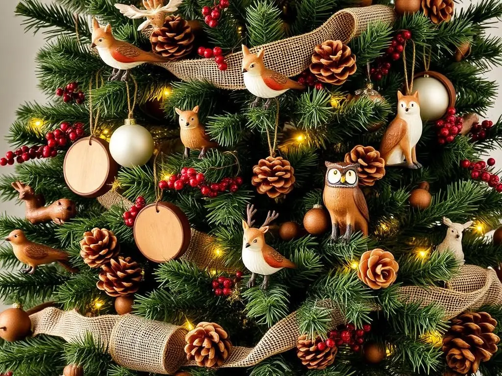 Natural woodland-inspired Christmas tree with animal ornaments and rustic elements