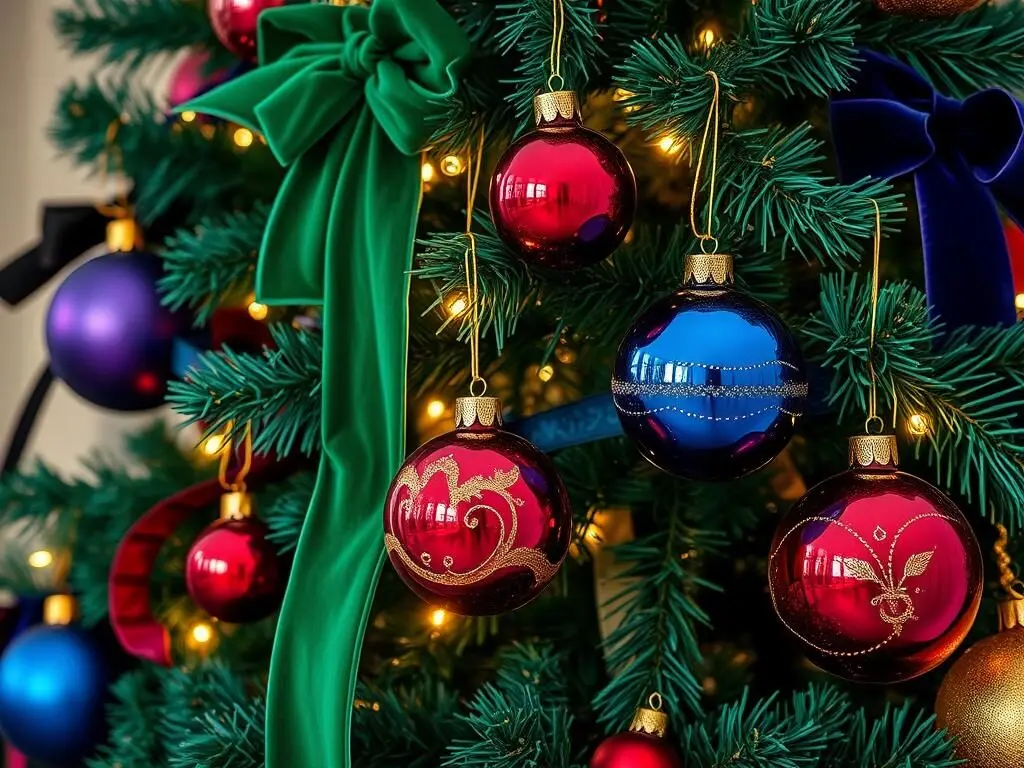 Opulent Christmas tree with rich jewel-toned ornaments and velvet accents