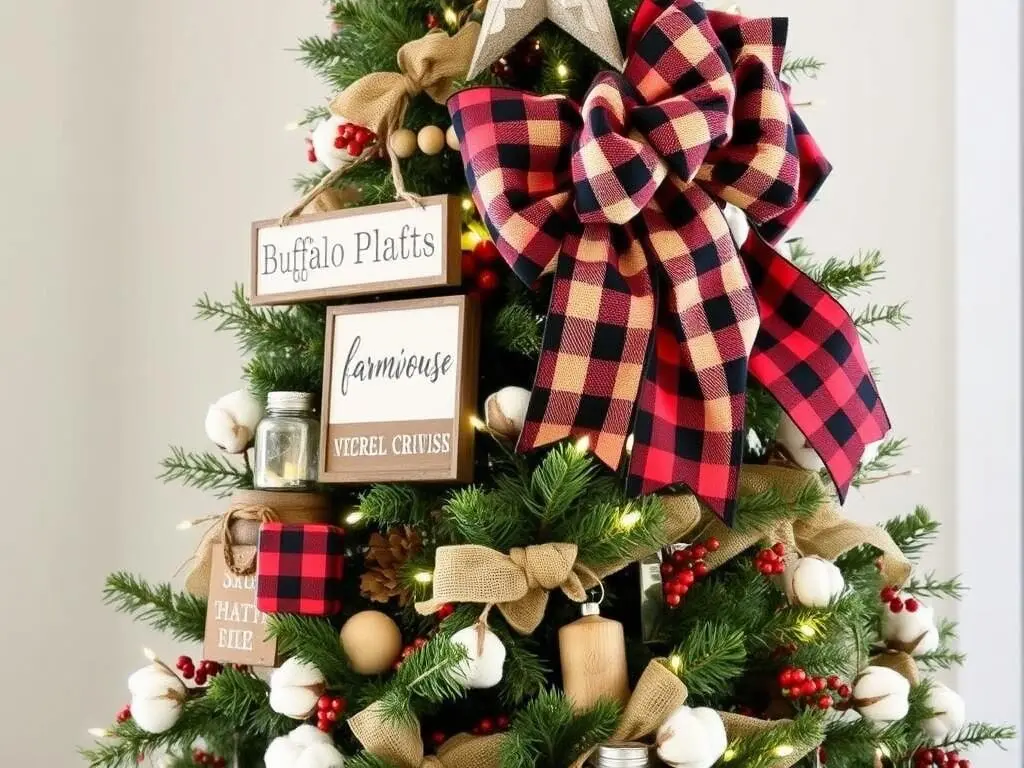 Rustic farmhouse Christmas tree with burlap, wood, and homespun decorations