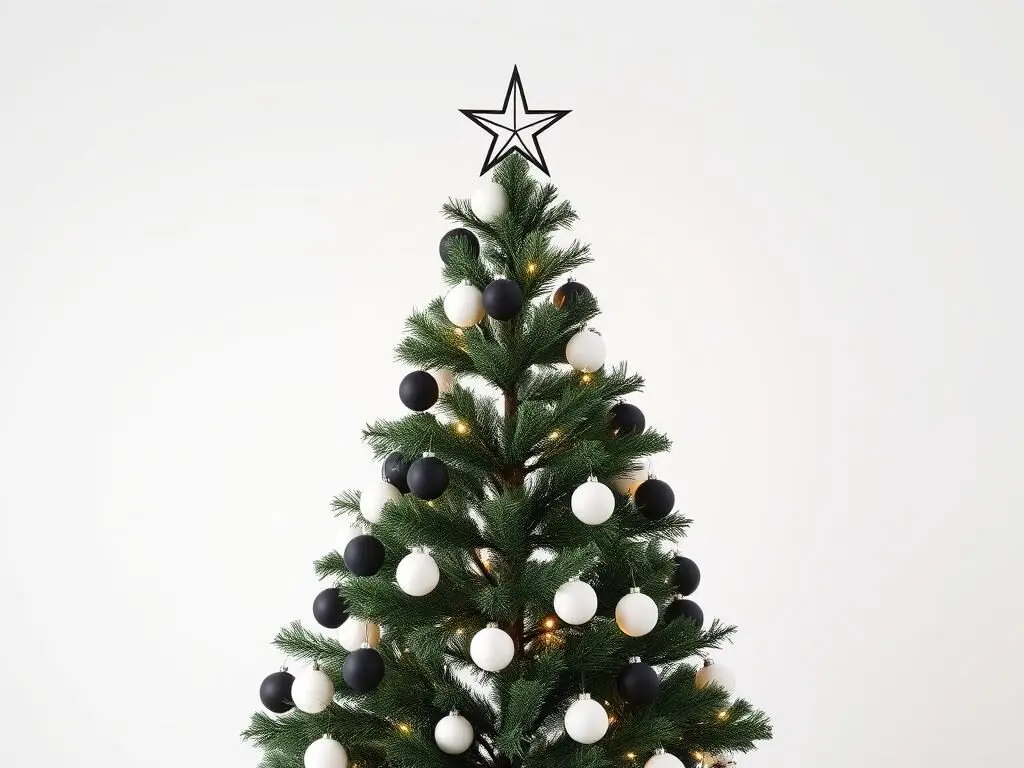 Sleek minimalist Christmas tree with sparse, geometric decorations