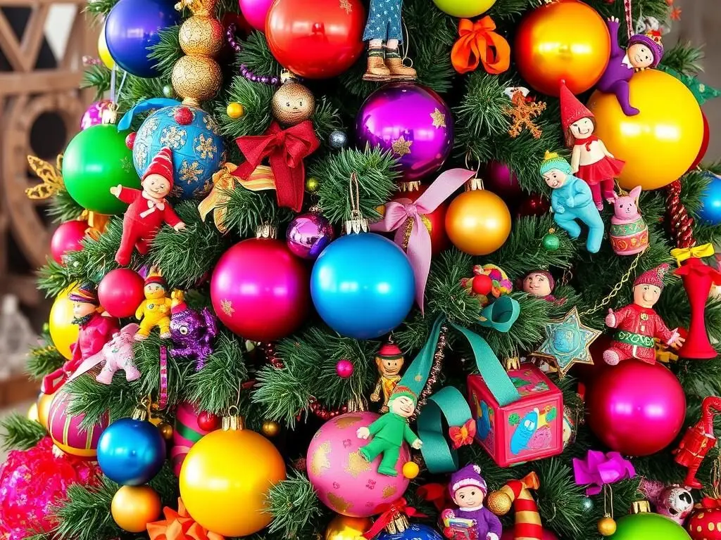 Vibrant multicolored Christmas tree with bold ornaments and decorations