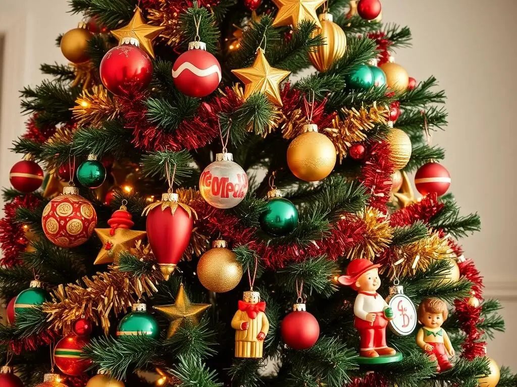 Vintage-inspired Christmas tree with retro ornaments and classic decorations