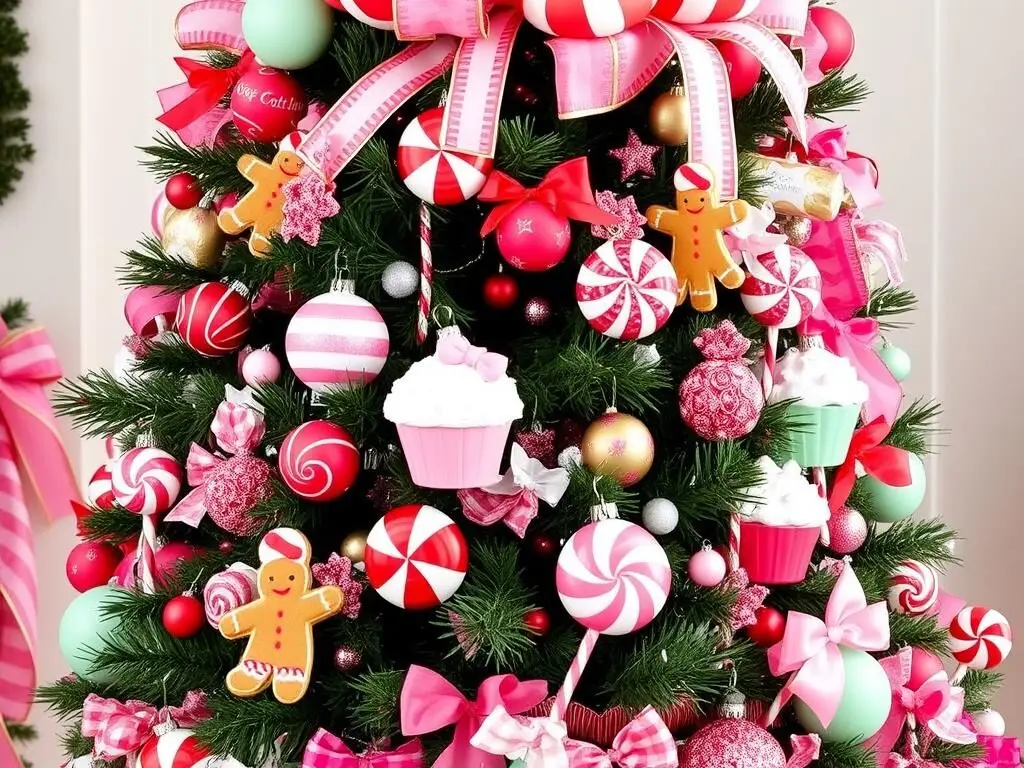 Whimsical Christmas tree decorated with candy-themed ornaments and sweet treats