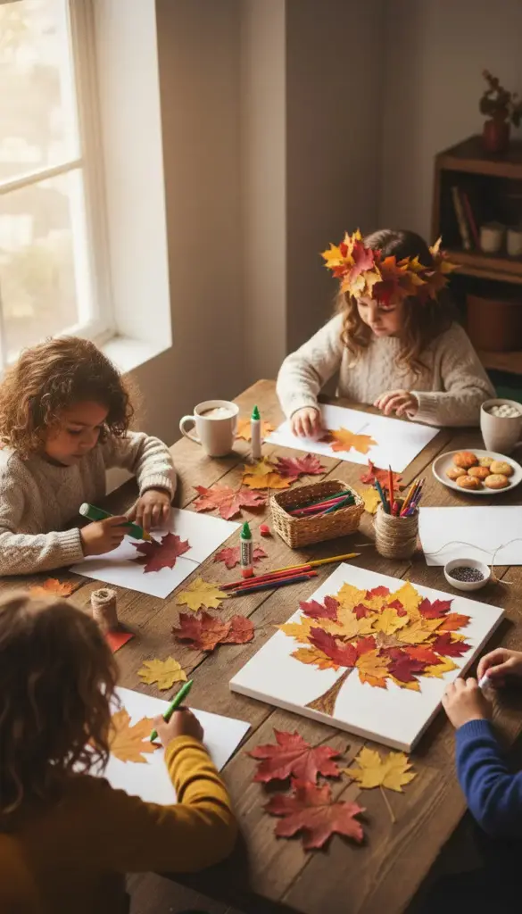 Children creating leaf crafts as a fun autumn activity