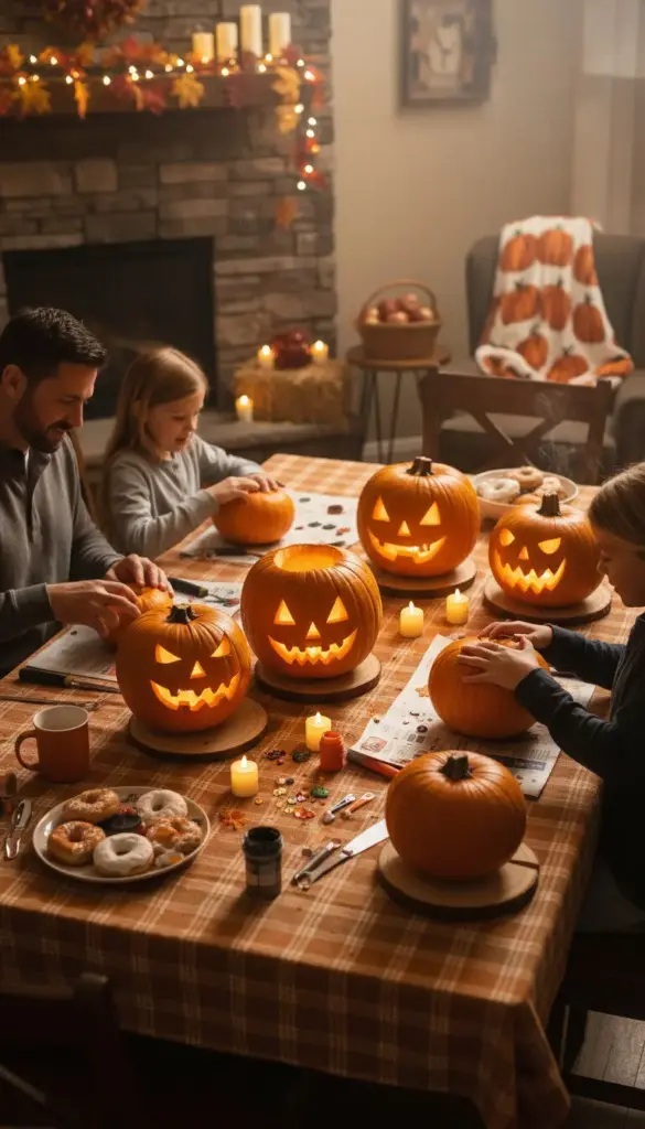 Family carving pumpkins together as a fun autumn activity